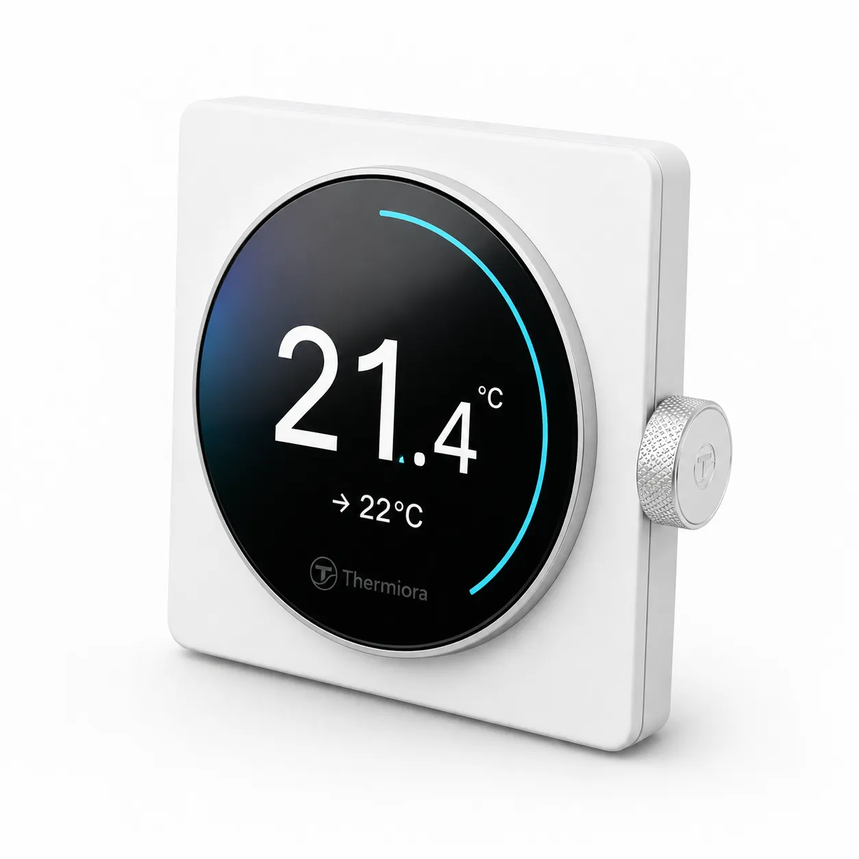 Thermiora zidni panel: okrugli ekran pokazuje 21.4°C i cilj 22°C, sa rotirajućim prstenom sa strane
